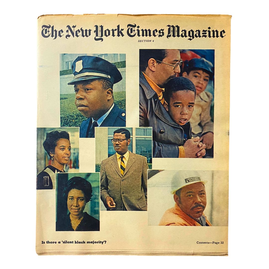 Cover of The New York Times Magazine, May 10, 1970, featuring the article 'Silent Black Majority' with various portraits depicting African Americans and discussions on race relations.