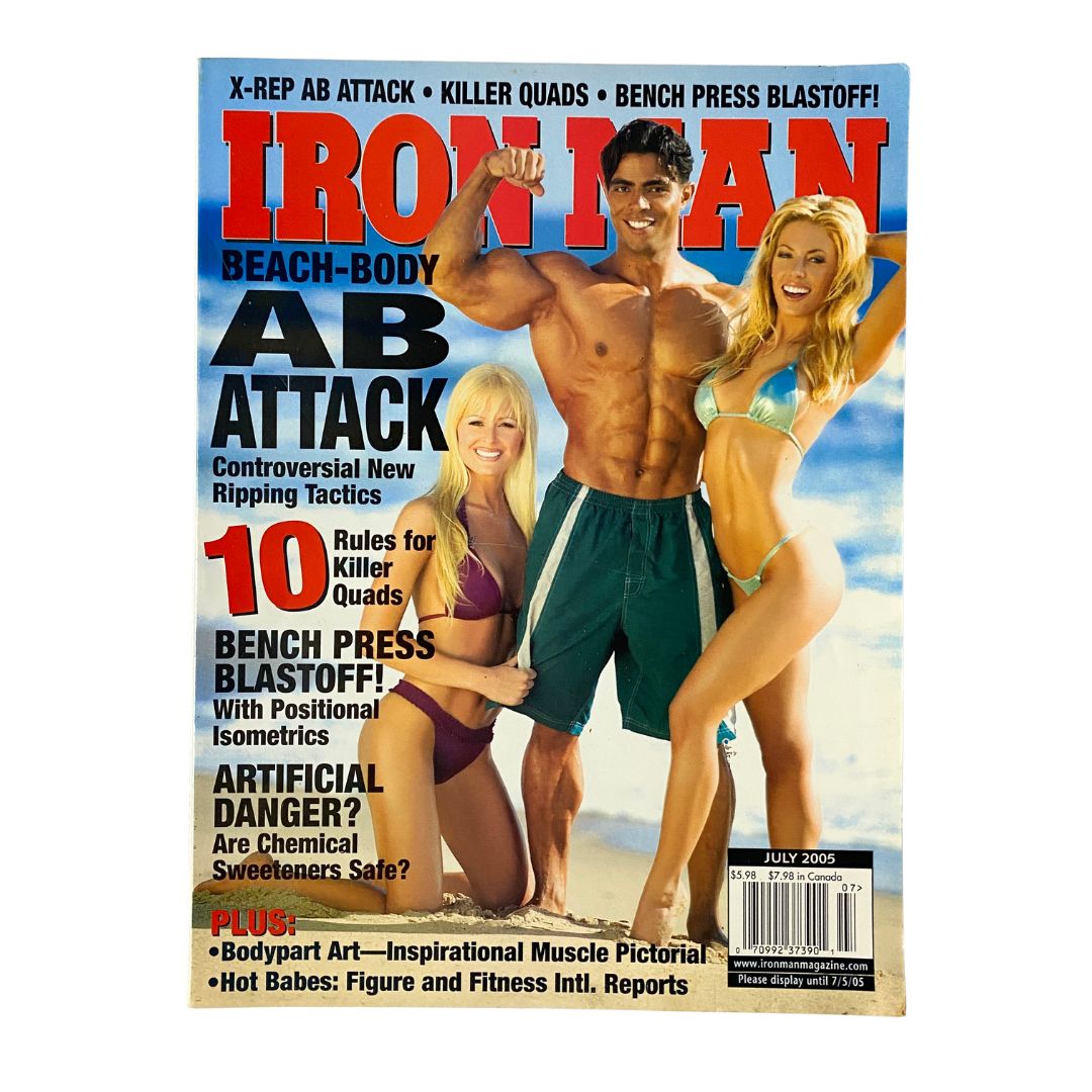 Iron Man Magazine July 2005 cover featuring Tamer El Shahat and models Katie Lohmann and Shay Lyn, showcasing fitness and beauty tips with a focus on health and exercise.