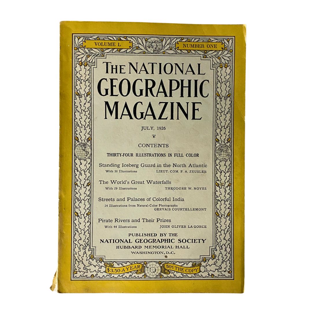 Cover of VTG National Geographic Magazine July 1926 featuring the theme 'World's Great Waterfalls' with decorative details and contents representation.