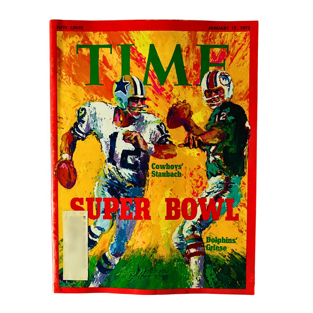 Vintage Time Magazine January 17 1972 cover featuring Roger Staubach and Bob Griese, highlighting Super Bowl champions with vibrant artwork.