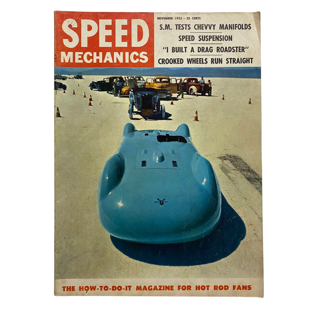 VTG Speed Mechanics Magazine November 1953 cover featuring a sleek racing car on a sandy track and text highlighting articles on Chevy manifolds and speed suspension.