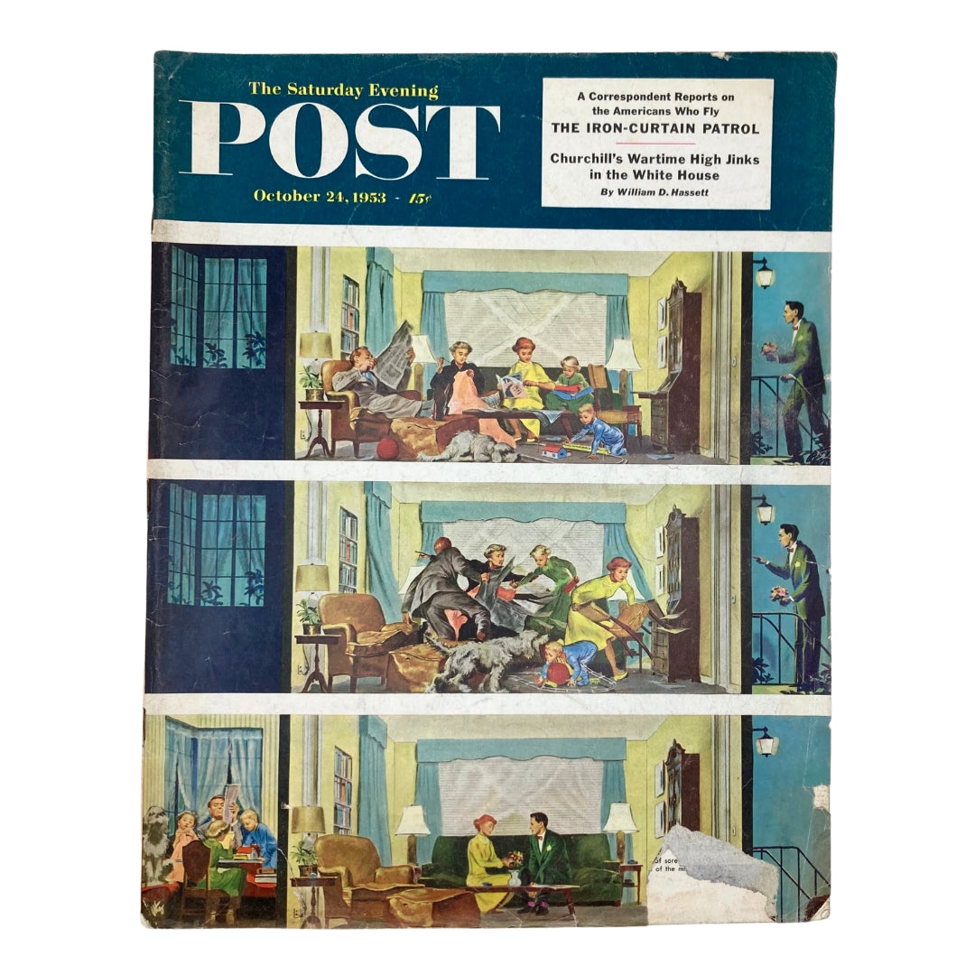 Cover of the Saturday Evening Post Magazine from October 24, 1953, featuring the artwork titled 'Happy Family' by Utz, depicting a humorous family scenario in four panels.