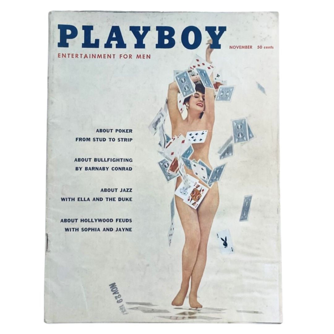 November 1957 Playboy Magazine featuring Marlene Callahan on the cover, showcasing an artistic depiction with playing cards, an iconic vintage collectible for magazine enthusiasts.