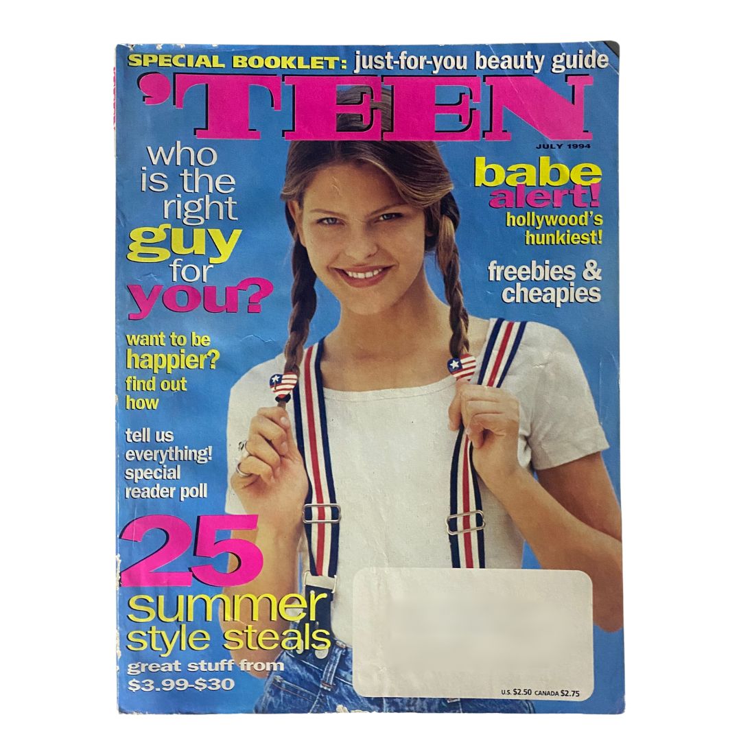 Teen Magazine July 1994 cover featuring a model with braided hair, promoting the 'Babe Alert: Hollywood's Hunkiest' section and special beauty guide.