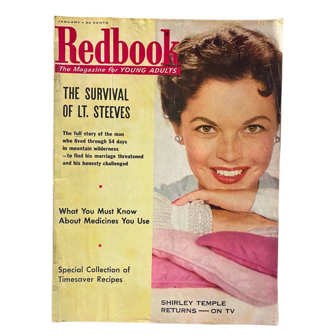 Cover of VTG Redbook Magazine January 1958 featuring Shirley Temple's return to TV, showcasing vintage design elements and articles.