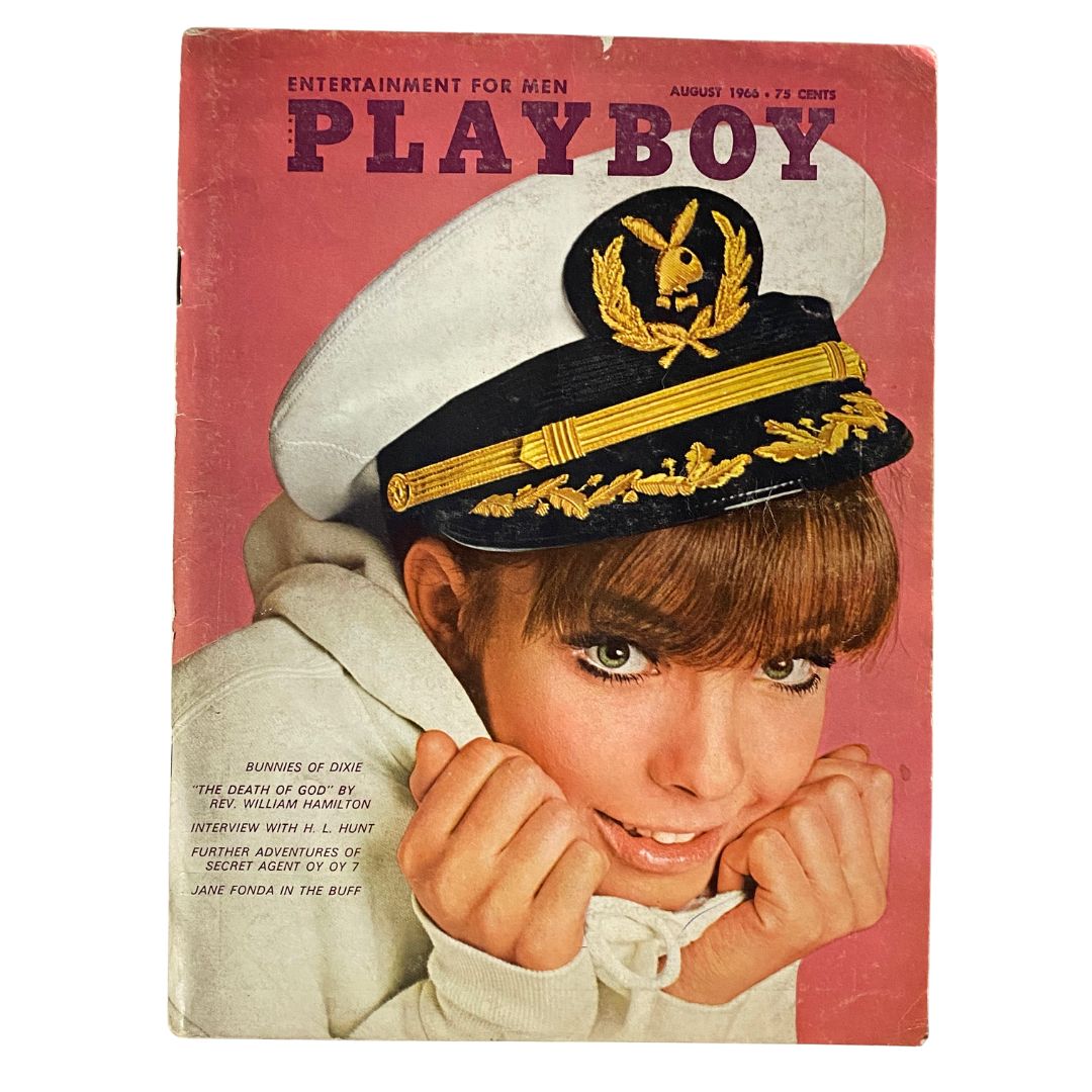 Playboy Magazine August 1966 cover featuring Susan Denberg in a naval hat, showcasing vintage magazine aesthetics and collectible appeal.