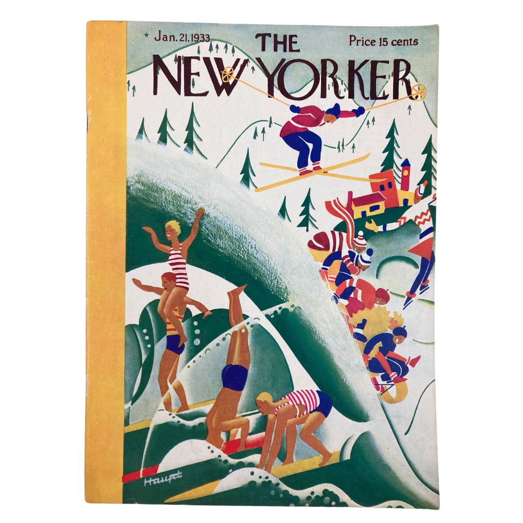 Cover of The New Yorker Magazine January 21, 1933, featuring vibrant artwork by Theodore Hupt, depicting outdoor life with people engaged in various activities like skiing and surfing.