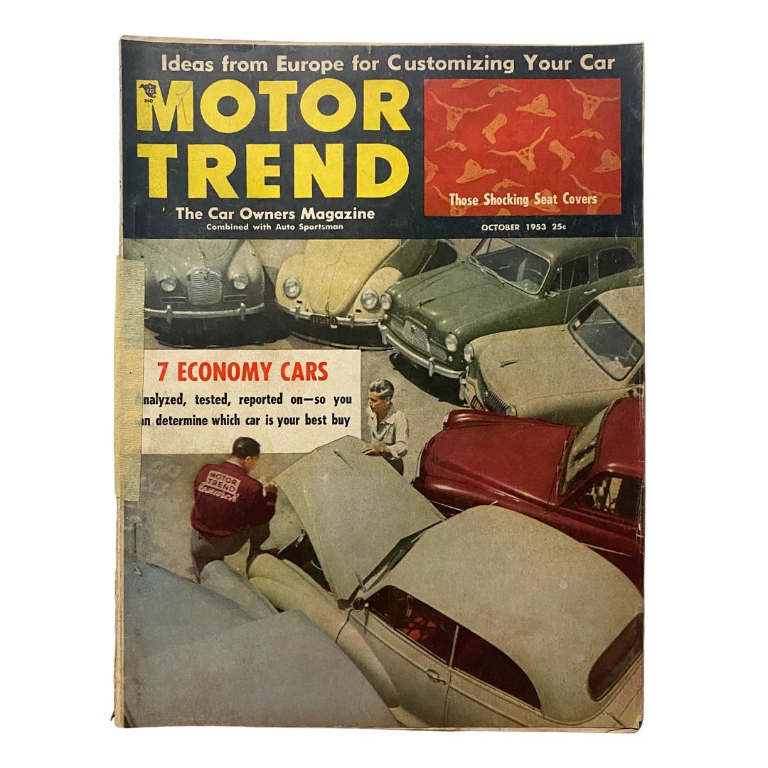 VTG Motor Trend Magazine October 1953 cover featuring 7 Economy Cars with automotive imagery, showcasing classic cars and a vintage design.