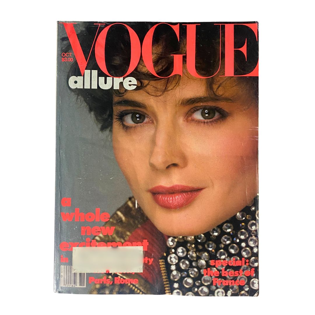 VTG Vogue Magazine October 1982 featuring Isabella Rossellini, photographed by Richard Avedon, showcasing vintage fashion and beauty highlights from the 1980s.