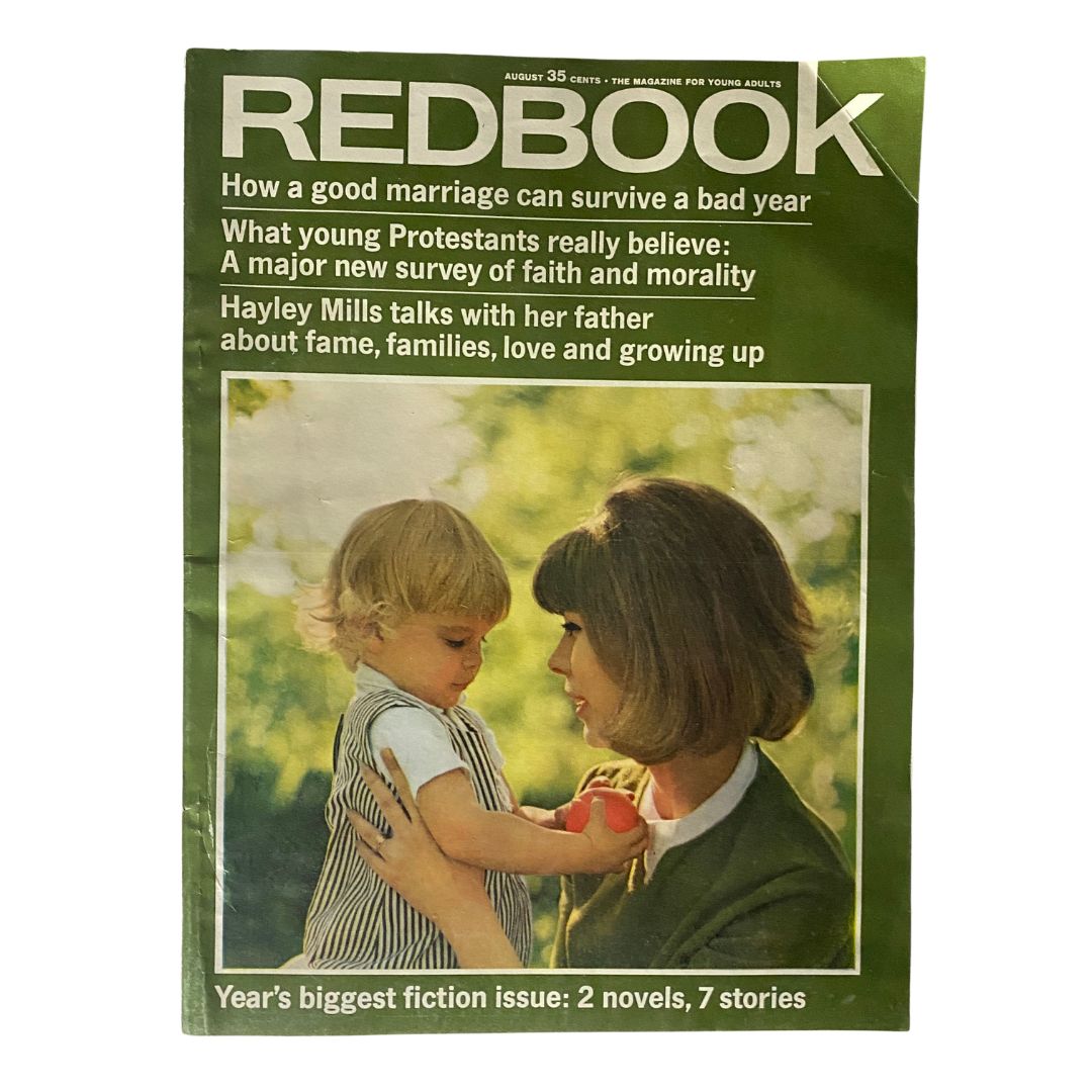 Cover of VTG Redbook Magazine August 1964 featuring Hayley Mills, showcasing the magazine's title and articles on marriage, faith, and family.