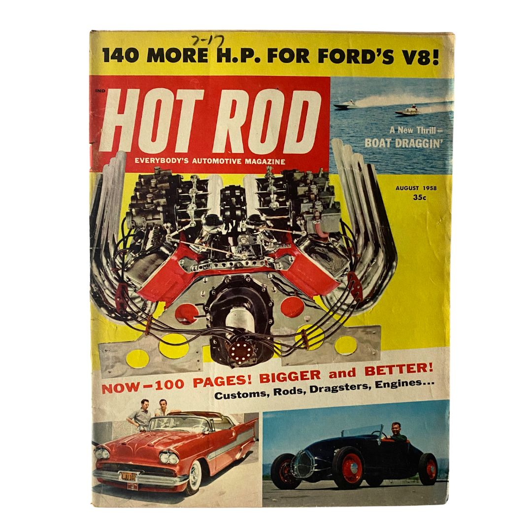 VTG Hot Rod Magazine August 1958 featuring a vibrant cover with the title 'Hot Rod' and the subtitle 'A New Thrill - Boat Draggin' showcasing classic car themes and boat racing.