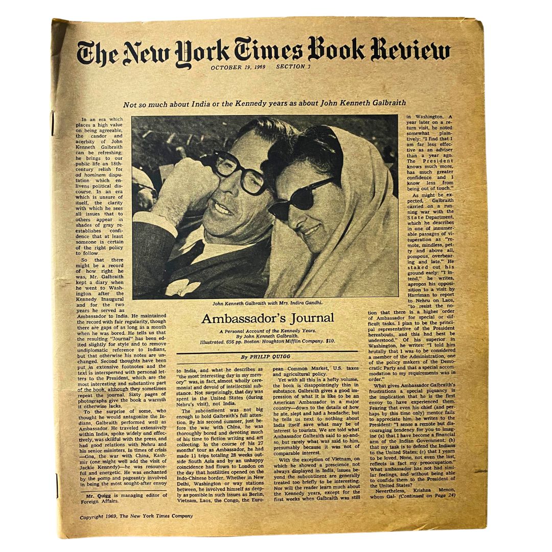 The New York Times Book Review from October 19, 1969, featuring an article about economist John Kenneth Galbraith, showcasing vintage newspaper layout and content.