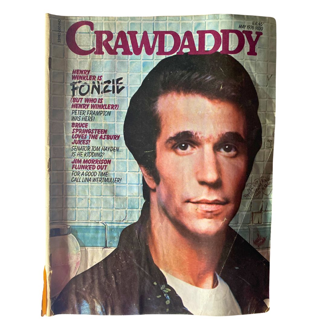 Cover of VTG Crawdaddy Magazine May 1976 featuring Henry Winkler as Fonzie, highlighting cultural significance with vibrant design.