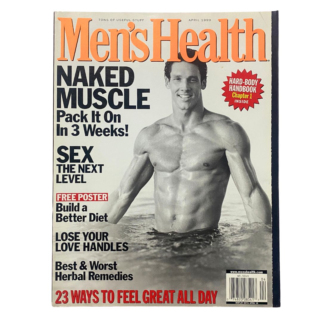 Cover of Men's Health Magazine April 1999 featuring the title 'Best & Worst Herbal Remedies'. The magazine highlights topics such as muscle building, diet improvement, and health tips, illustrated with a shirtless male model in water.