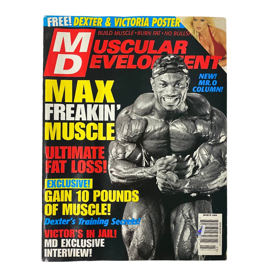 Cover of Muscular Development Magazine March 2004 featuring bodybuilder Dexter Jackson showcasing his impressive physique on the cover with a vivid title and striking colors.