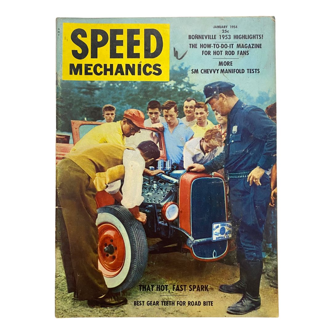 VTG Speed Mechanics Magazine January 1954 cover featuring a colorful illustration of a group of mechanics working on a classic car, with the title prominently displayed and articles like "Best Gear Teeth for Road Bite."