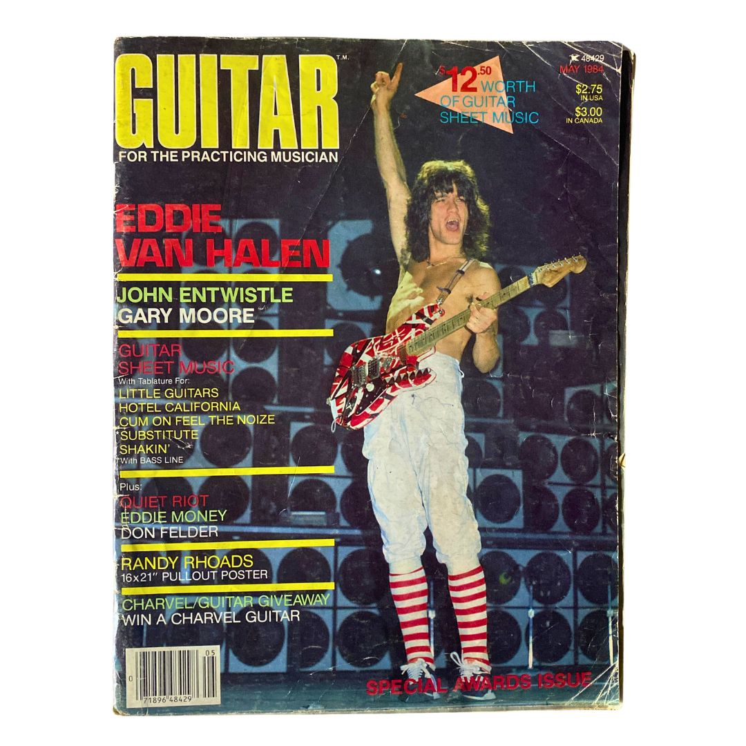 Cover of the VTG Guitar Magazine May 1984 featuring Eddie Van Halen with his guitar, showcasing a colorful and energetic music theme.