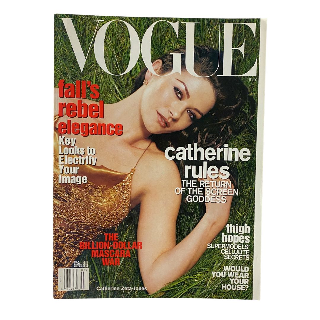 Vogue Magazine July 2001 cover featuring Catherine Zeta-Jones, captured by Herb Ritts, showcasing fall fashion and elegance.