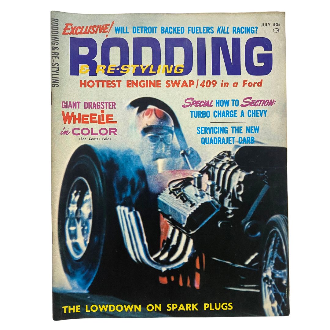 Cover of Rodding & Re-Styling Magazine July 1965 featuring the title and a detailed image of a dragster with the headline 'The Lowdown on Spark Plugs'.