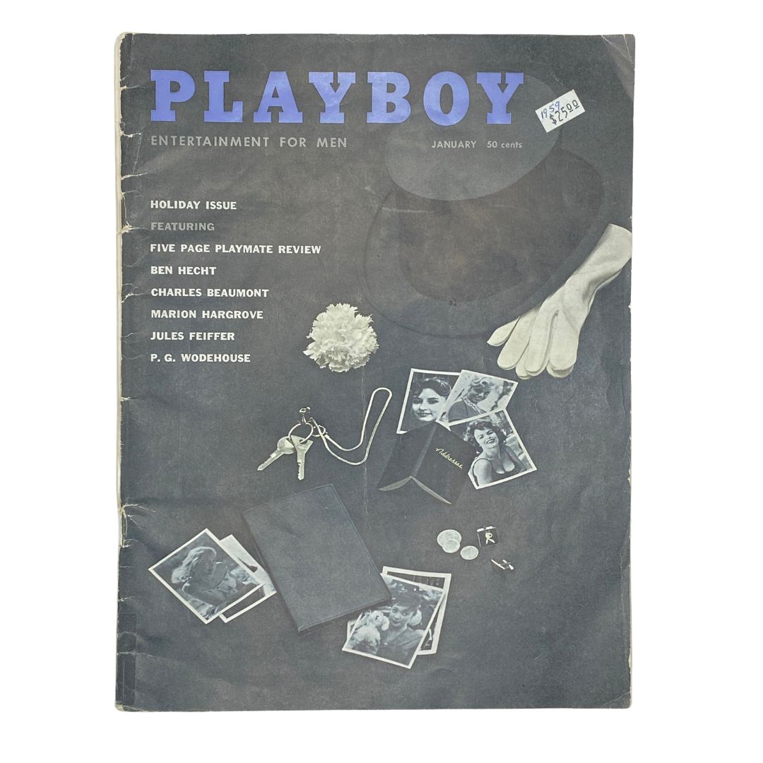 VTG Playboy Magazine January 1959 cover featuring items like a hat, gloves, and photographs, showcasing mid-20th century magazine design and style.
