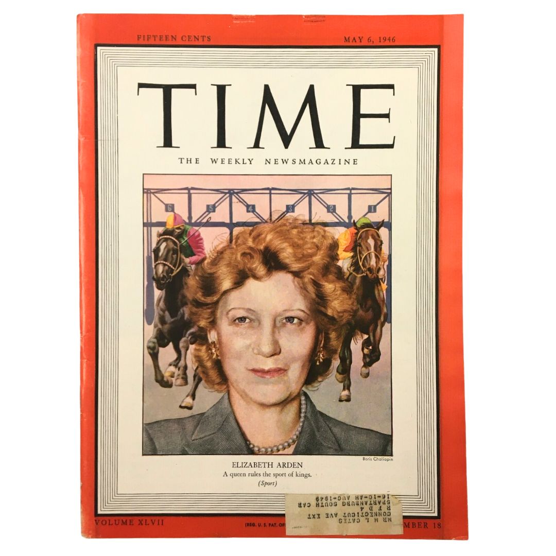 Vintage Time Magazine from May 6, 1946, showcasing Queen Elizabeth Arden on the cover, featuring vibrant colors and historical significance in post-war America.