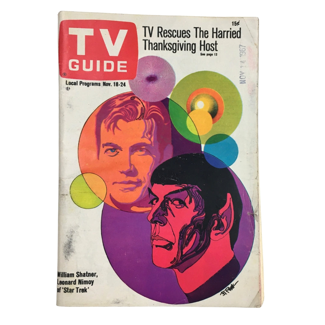 TV Guide from November 18, 1967 featuring William Shatner and Leonard Nimoy, showcasing a vibrant cover design with colorful illustrations.