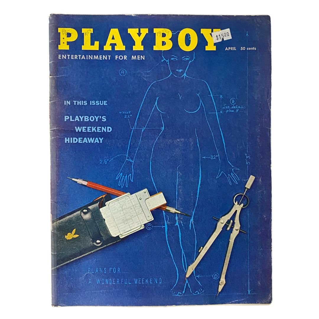 VTG Playboy Magazine April 1959 cover featuring Playmate Nancy Crawford with artistic illustration and bold title, ideal for vintage magazine collectors.