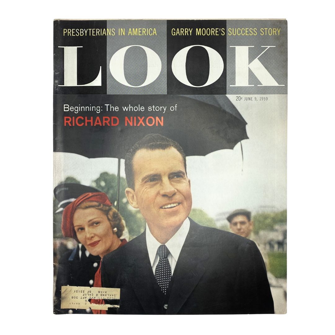 Look Magazine June 9 1959 Vol. 23 No. 12 cover featuring Richard and Pat Nixon, showcasing a historic moment in politics with vibrant imagery.