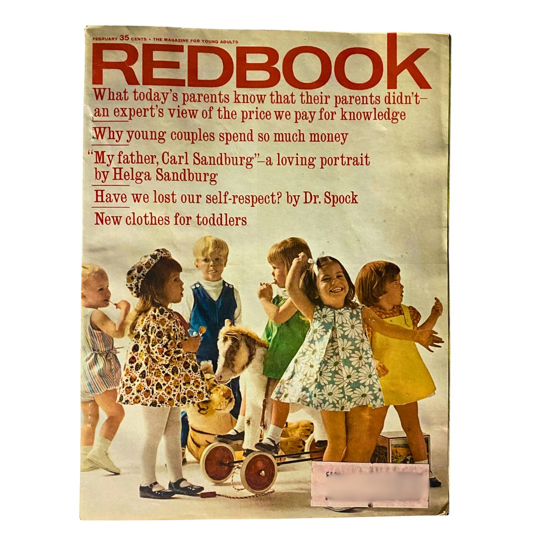 Cover of VTG Redbook Magazine February 1966 featuring children playing, a loving portrait titled 'My Father, Carl Sandburg' by Helga Sandburg, and articles related to parenting and child-rearing.