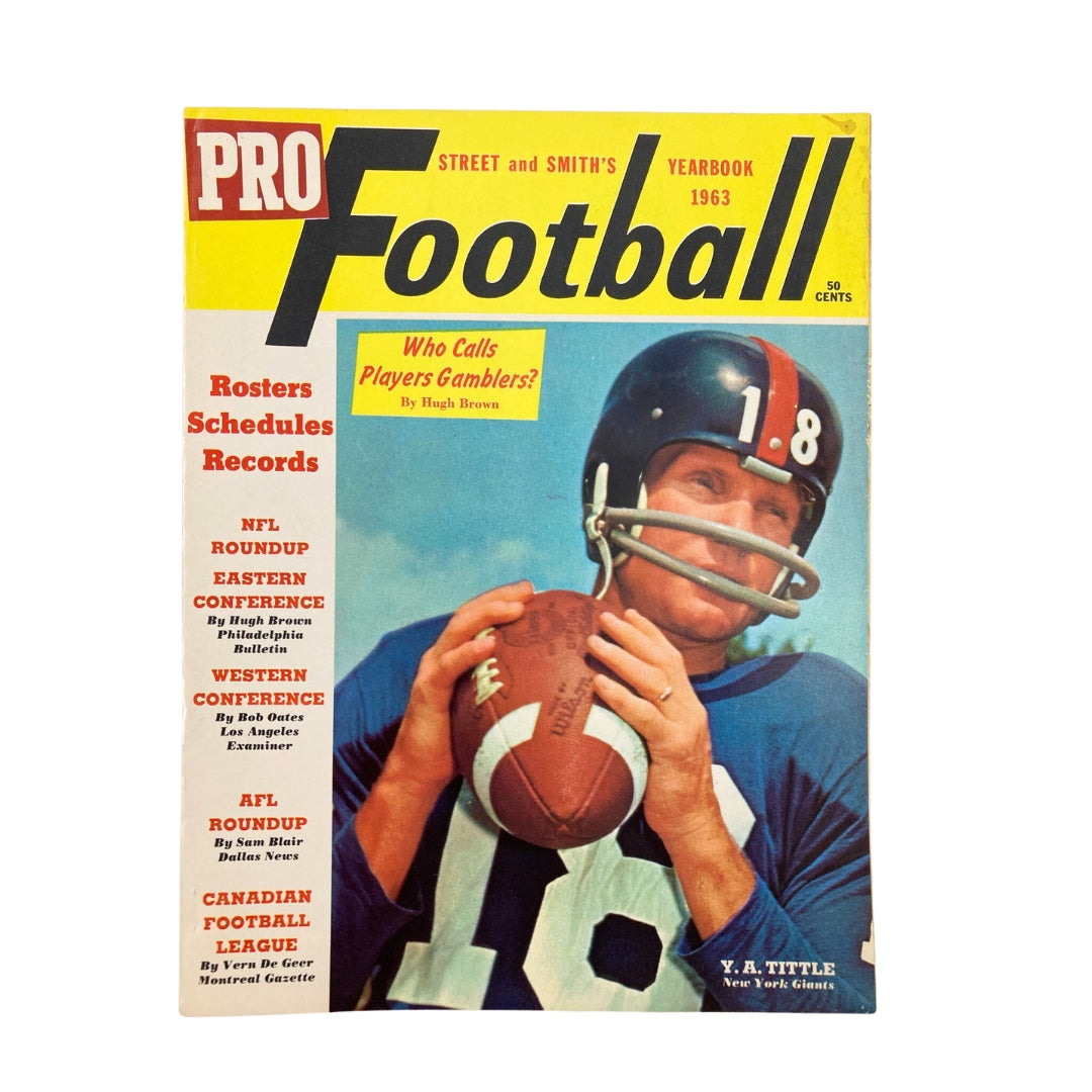VTG Pro Football 1963 Yearbook featuring Yelberton Abraham Tittle on the cover, showcasing sports memorabilia and vintage football history.