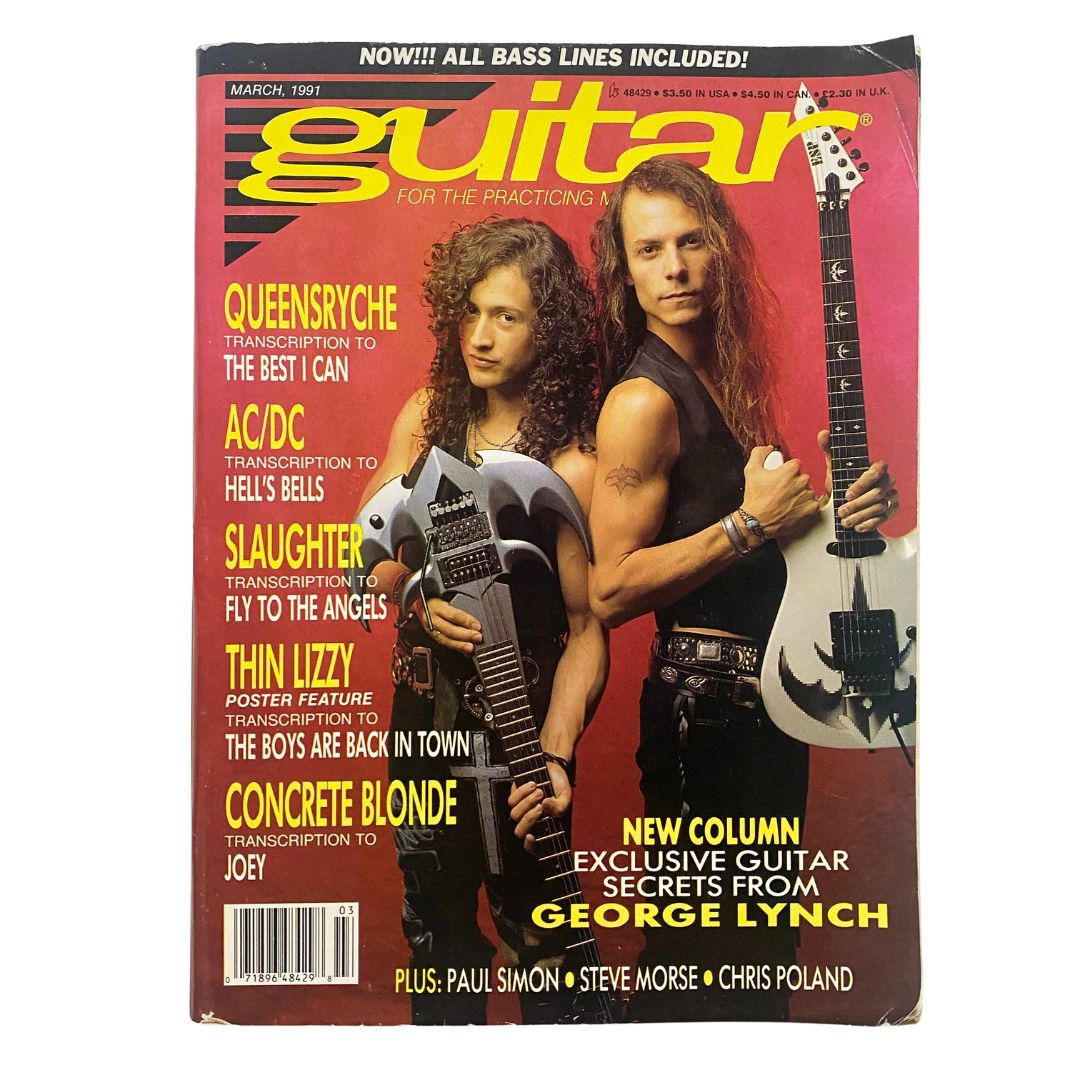 Cover of Guitar for the Practicing Musician Magazine March 1991 featuring Queensryche, highlighted articles on guitar transcriptions for AC/DC and Slaughter, plus a promotional poster included.