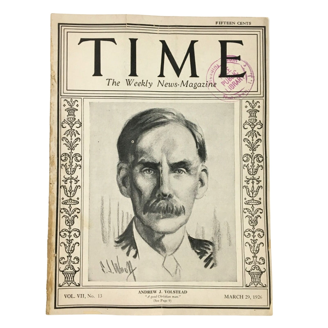 Time Magazine March 29 1926 Vol. VII No. 13 Andrew John Volstead
