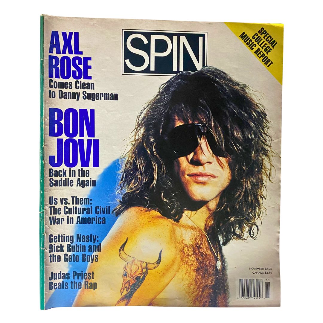 Spin Magazine November 1990 Vol 6 No. 8 featuring Bon Jovi and Axl Rose on the cover, showcasing vibrant 90s glam rock culture.