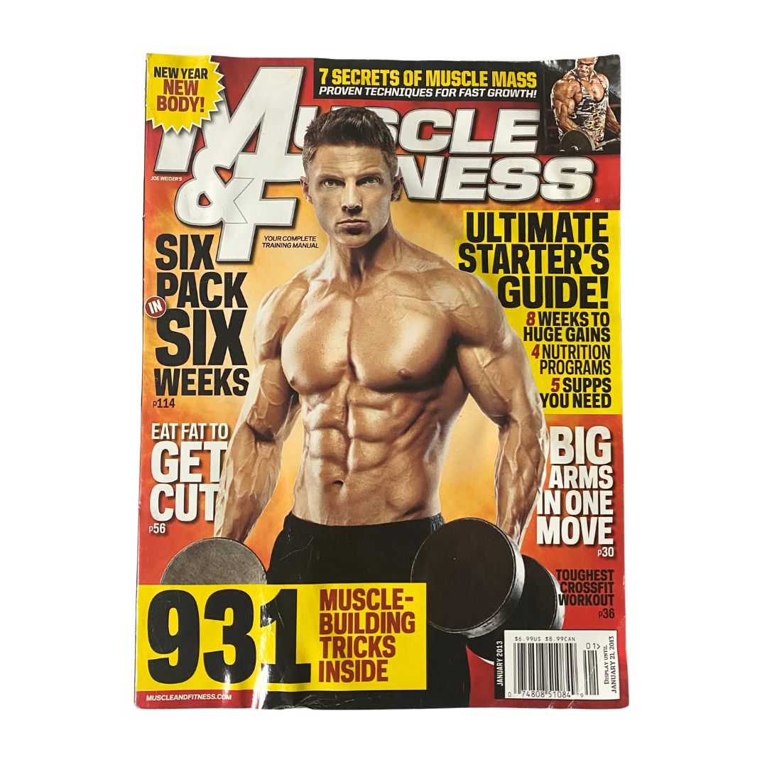 Cover of Muscle & Fitness Magazine January 2013 featuring fitness icon Steve Cook, showcasing articles on muscle mass, fitness tips, and bodybuilding insights.