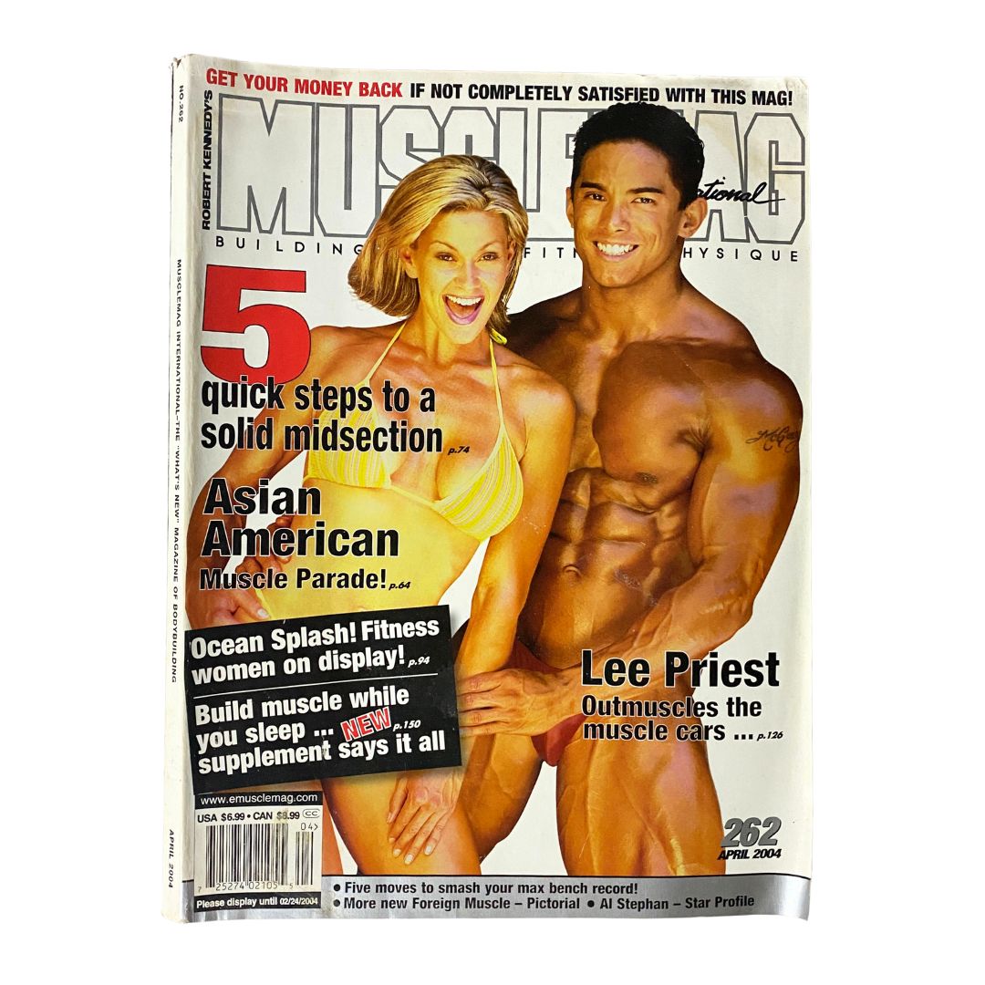 Cover of MuscleMag Int'l Magazine April 2004, No. 262, featuring Stan McQuay and Mona Beaulieu, with articles on fitness tips, bodybuilding techniques, and a vibrant fitness culture of the early 2000s.