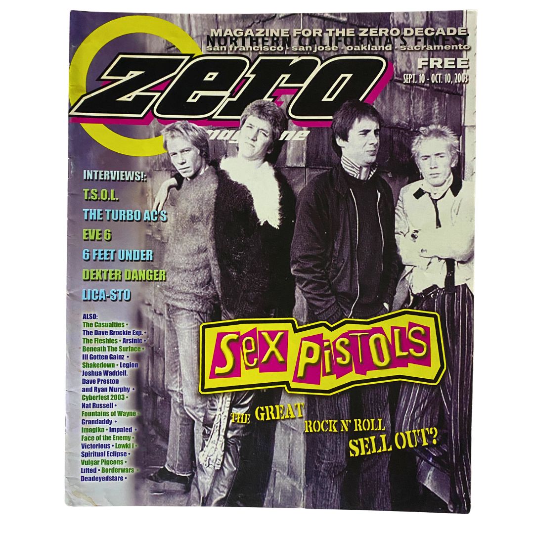 Zero Magazine September 10 2003 featuring the Sex Pistols on the cover with the title 'Great Rock N' Roll Sell Out' showcasing punk rock history.