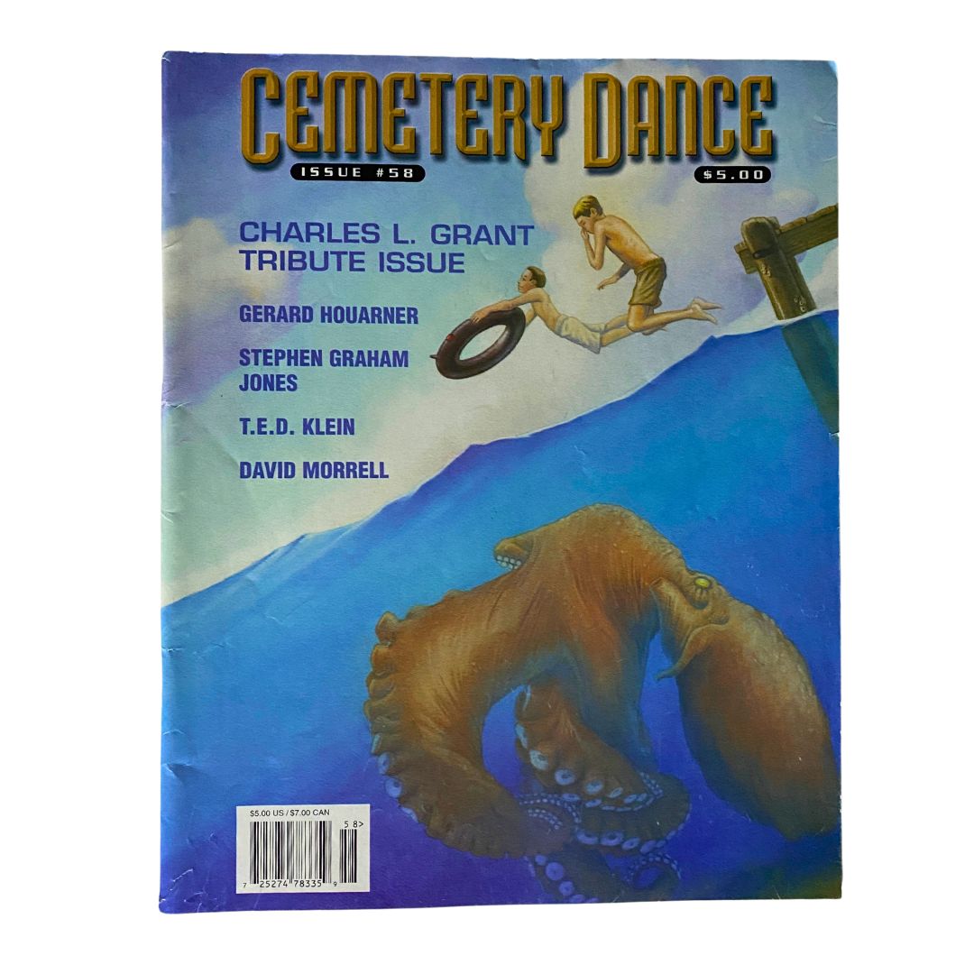 Cemetery Dance Magazine 2008 Issue #58, Charles L. Grant Tribute Issue. Features a cover illustration with  colorful artwork depicting a swimmer and an octopus. This collectible magazine showcases literary contributions from notable authors like Gerard Houarner, Stephen Graham Jones, T.E.D. Klein, and David Morrell.