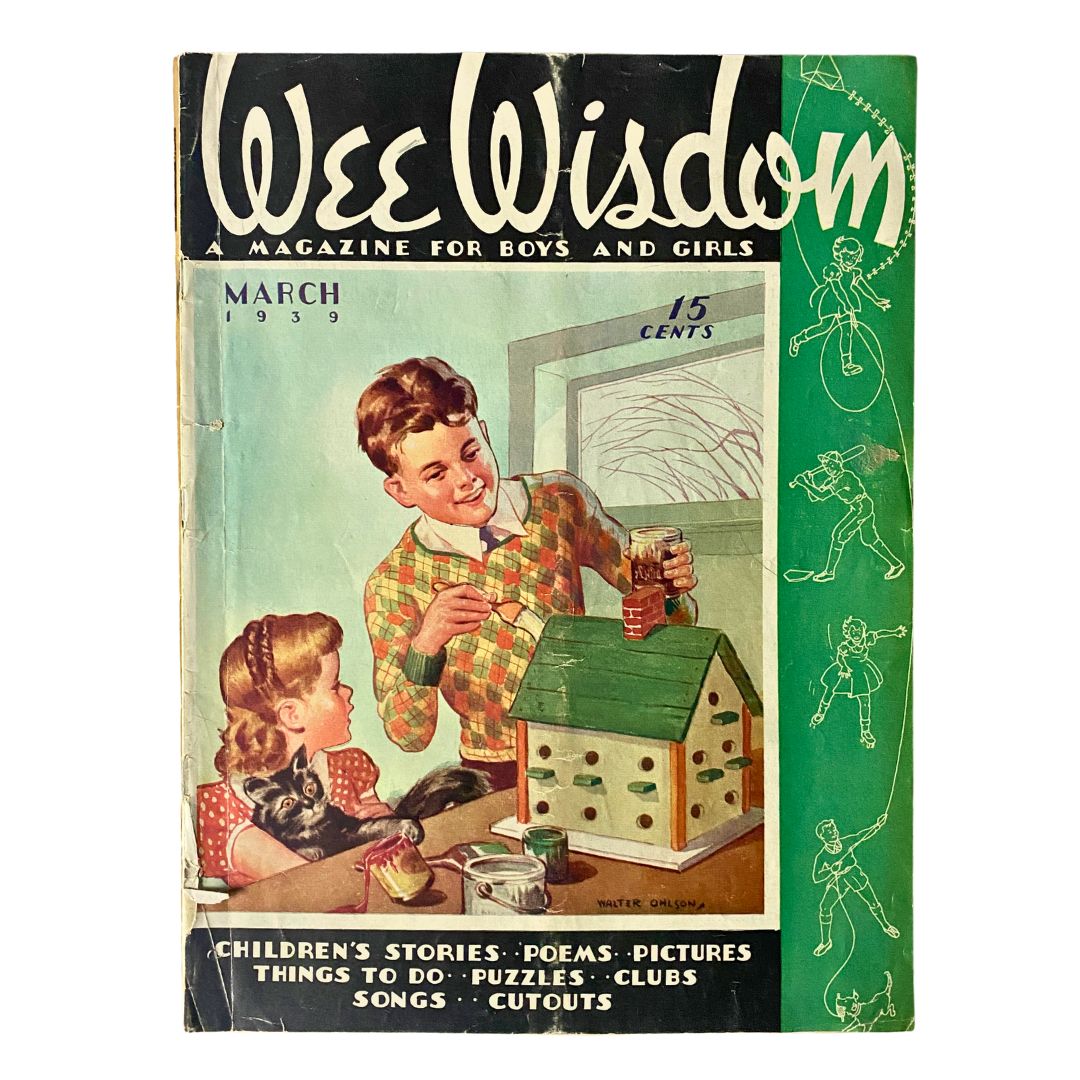 Cover of the Vintage Wee Wisdom Magazine March 1939 titled 'Finders Keepers', featuring children and a pet cat, with colorful illustrations and text promoting stories, poems, and activities for kids.