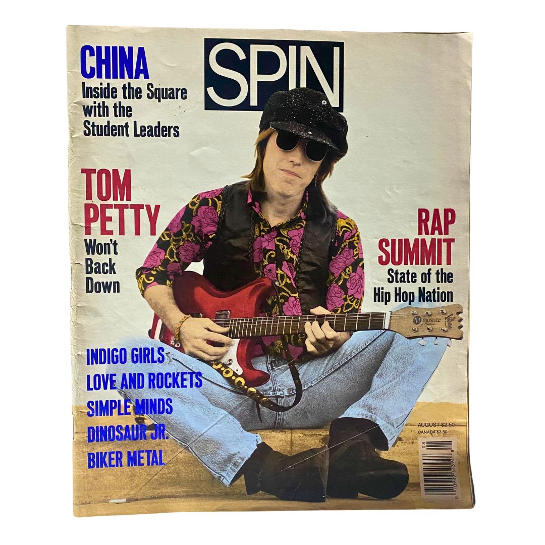 Vintage Spin Magazine from August 1989 featuring Tom Petty on the cover, showcasing the article 'Won't Back Down.' The magazine includes colorful graphics and highlights various artists and music trends from the late '80s.