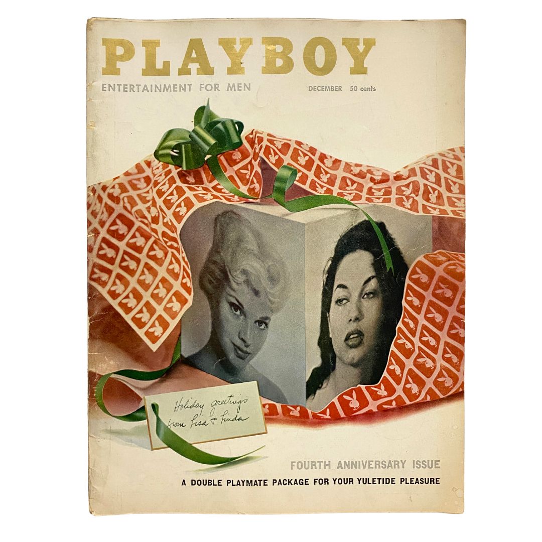 VTG Playboy Magazine December 1957 cover featuring striking images of Linda Vargas and an elegant holiday-themed design. The magazine is labeled as the Fourth Anniversary Issue, showcasing notable vintage pop culture aesthetic.