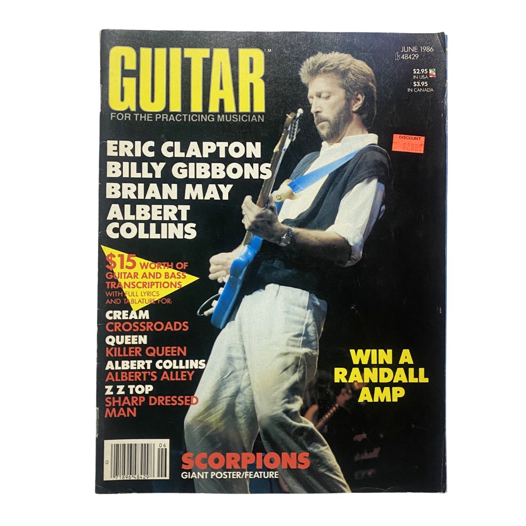 Cover of Guitar for the Practicing Musician Magazine, June 1986 featuring Eric Clapton on stage with a guitar. Includes notable names like Billy Gibbons, Brian May, and Albert Collins. Highlights vintage guitar culture.