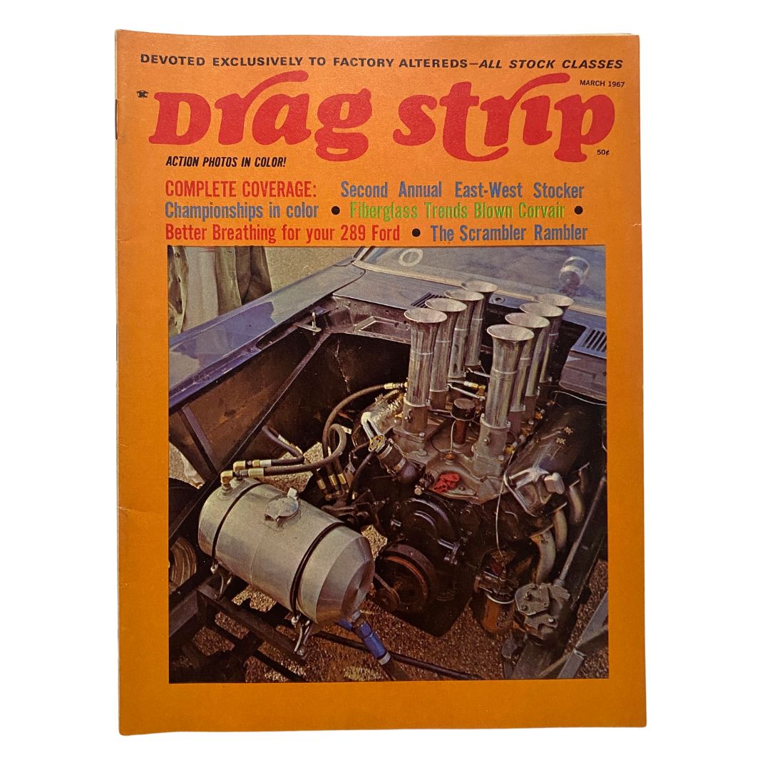 Cover of VTG Drag Strip Magazine March 1967, featuring fiberglass trends and a blown Corvair engine. The magazine highlights action photos and articles about drag racing and automotive innovations.