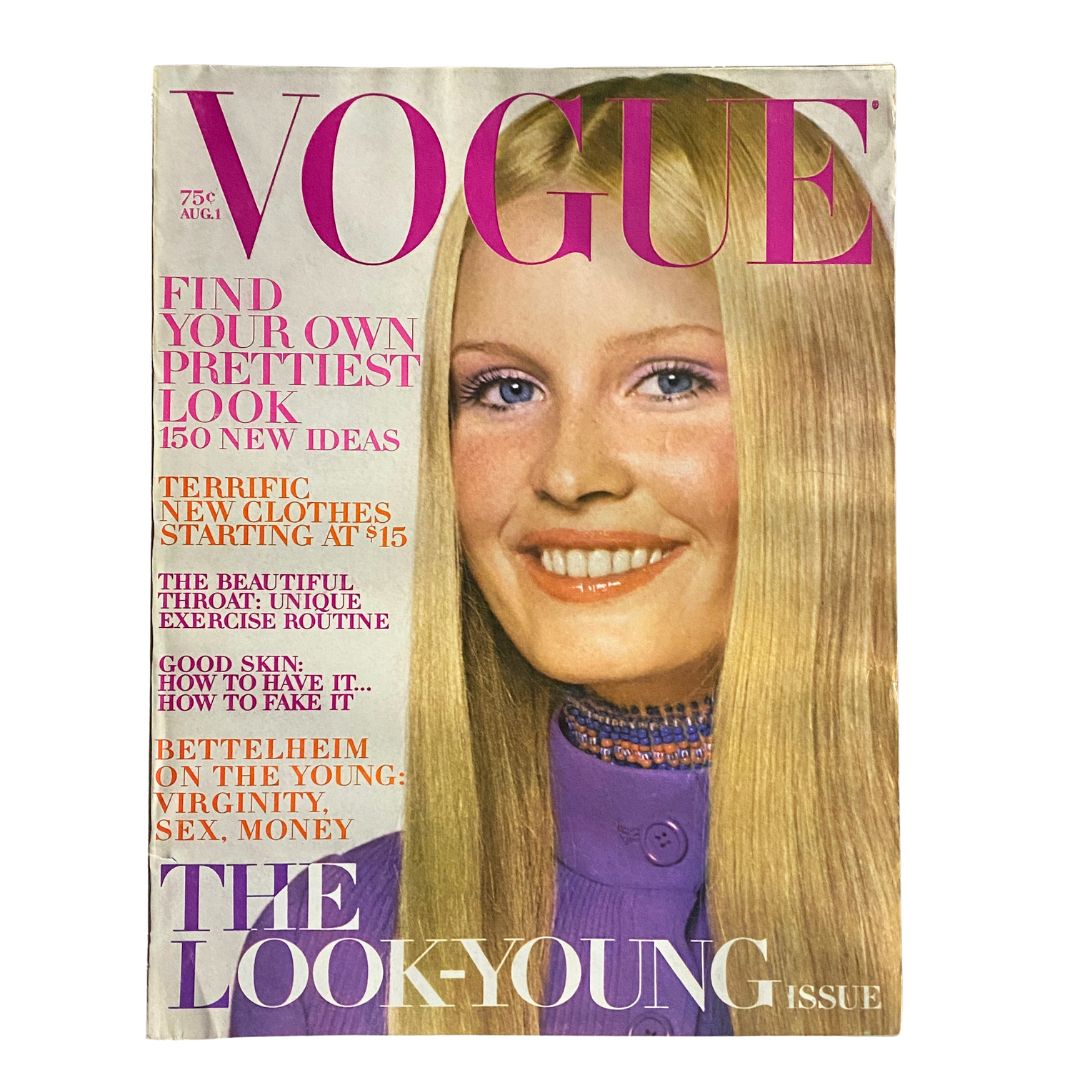 VTG Vogue Magazine August 1 1970 featuring Gunilla Lindblad on the cover, showcasing 70s fashion with headlines about beauty and style.