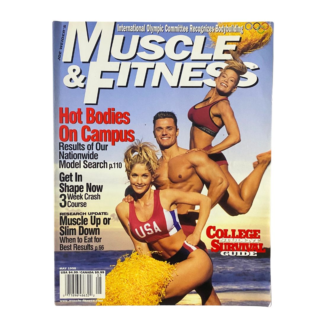 Cover of Muscle & Fitness Magazine May 1998 featuring Sharon Moore and Markus Reinhardt, highlighting fitness topics, exercise tips, and a college survival guide.