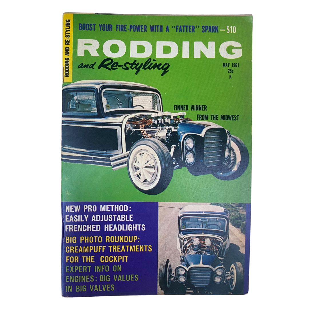 Cover of Rodding & Re-Styling Magazine May 1961 featuring a classic car illustration and advertisement for automotive enhancements.