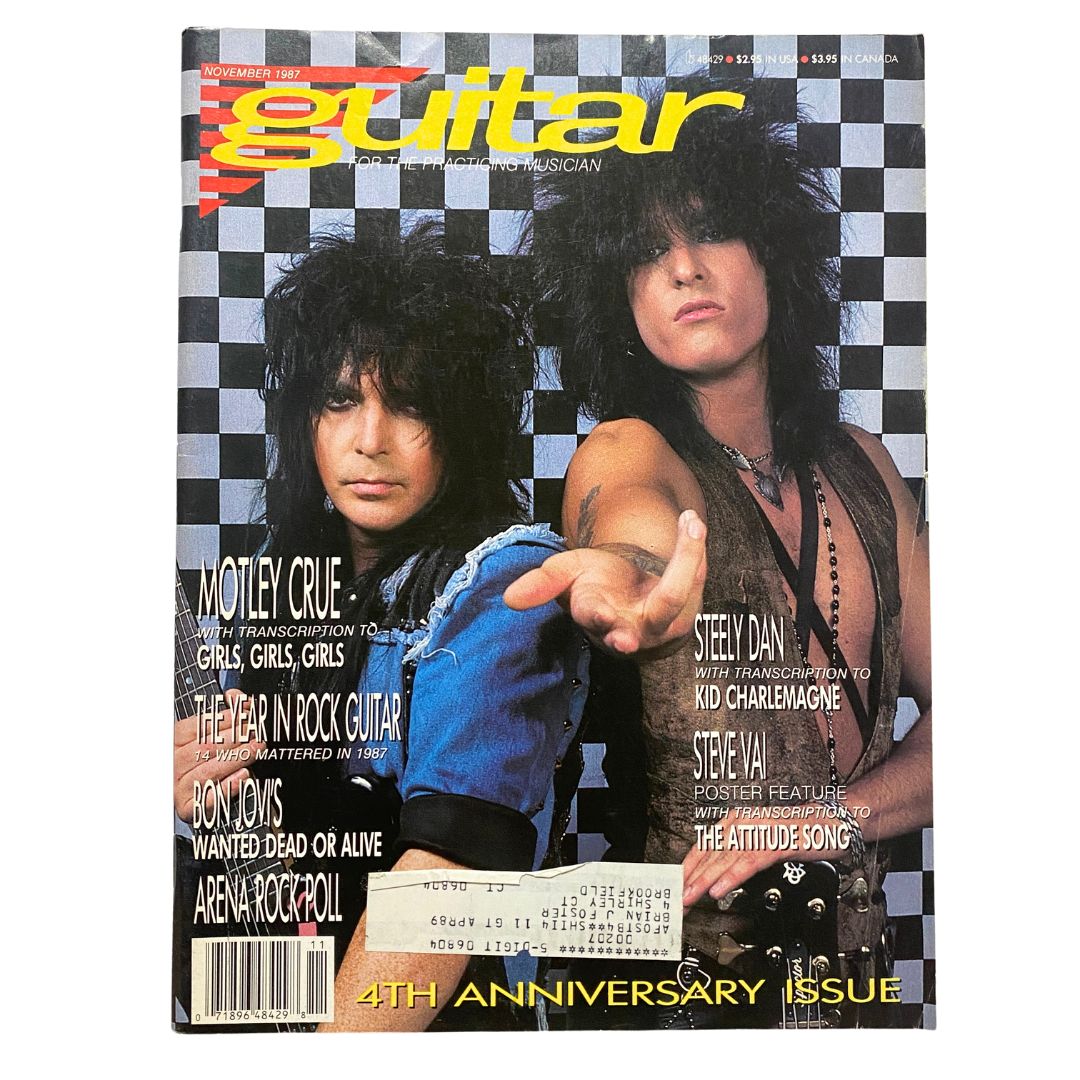 Guitar for the Practicing Musician Magazine November 1987 cover featuring Mötley Crüe, celebrating their music and culture from the '80s, with vibrant graphics and magazine details.