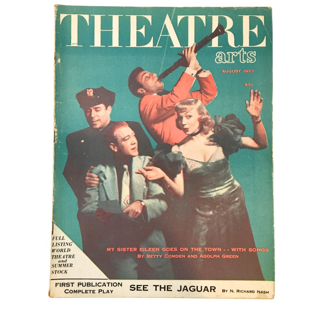 Cover of Vintage Theatre Arts Magazine from August 1953 featuring 'My Sister Eileen Goes On The Town' with vibrant colors and theatrical illustrations.