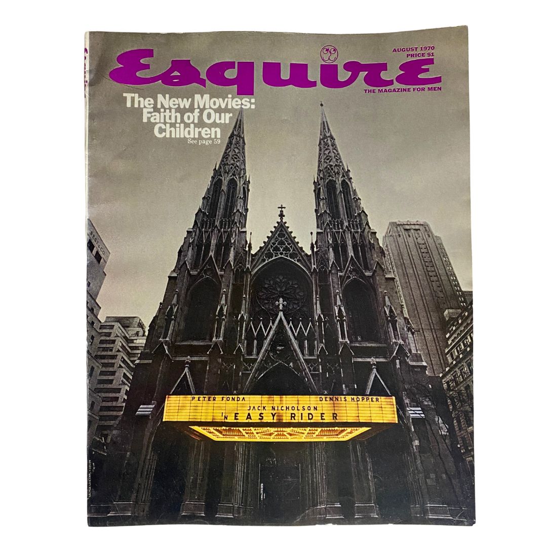 Cover of VTG Esquire Magazine August 1970 No. 441 featuring Jack Nicholson in Easy Rider, with vintage architecture and a cinematic theme.
