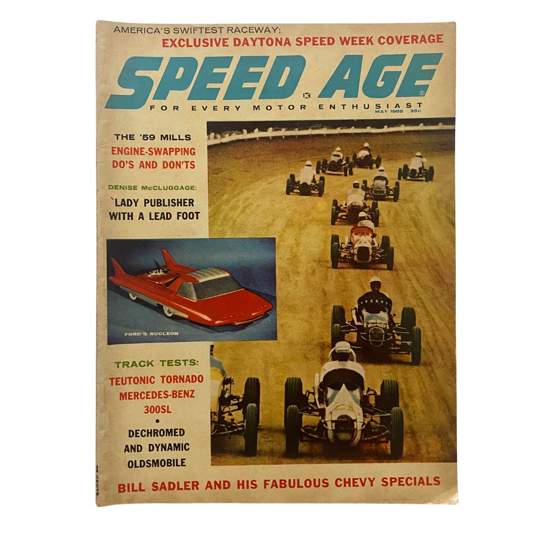 VTG Speed Age Magazine May 1959 featuring Denise McLuggage as 'Lady Publisher' on the cover, showcasing classic cars and racing culture of the time.