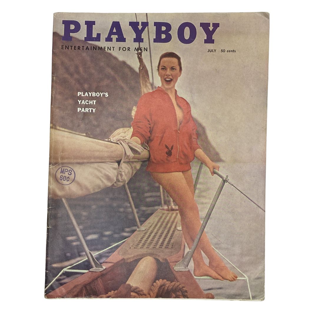 Cover of VTG Playboy Magazine July 1957 featuring Playmate Carrie Radison enjoying a yacht party.